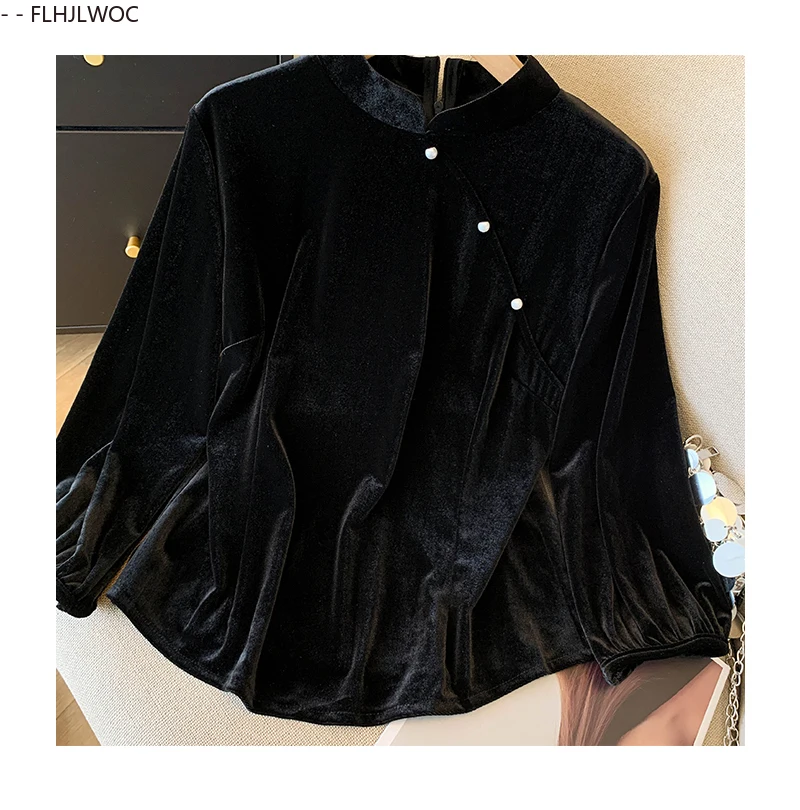 بلوزات مخملية سوداء على الطراز الصيني تشي باو بلوزات ذات ياقة ثابتة للعام الجديد 2026 قمصان كلاسيكية أنيقة للفتيات لربيع 2026