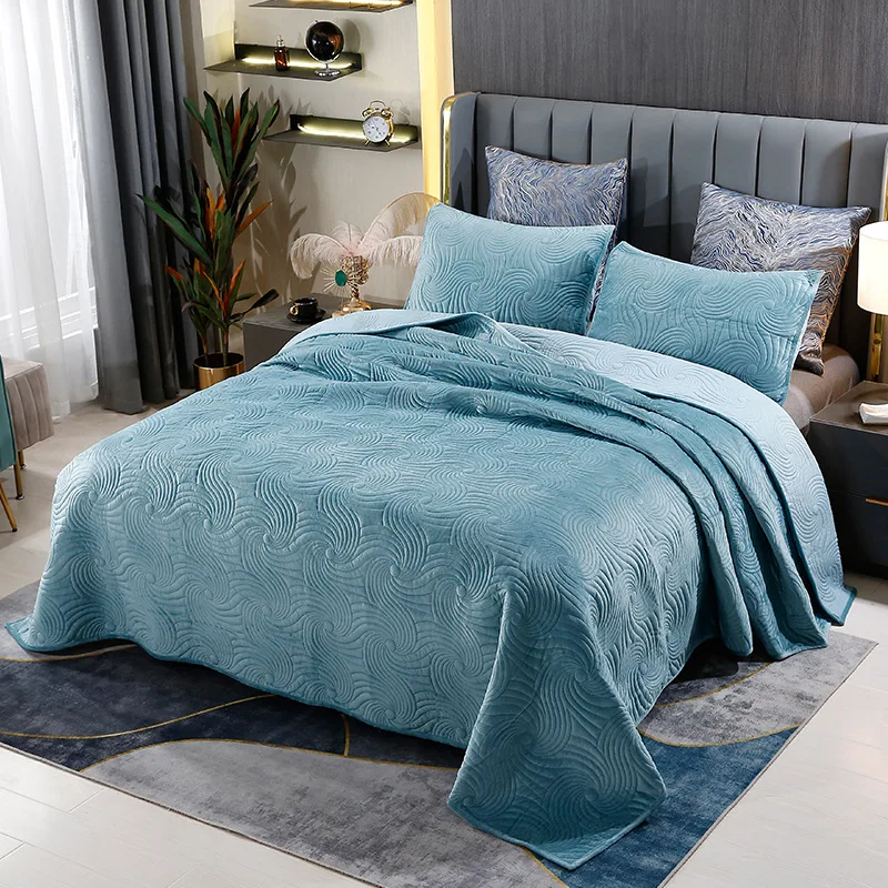 Luxury Soft Warm Velvet Quilt Set King Size, Velvet Quilted Bedspread Coverlet Set with 2 Matching Pillow Shams Couvre Lit De