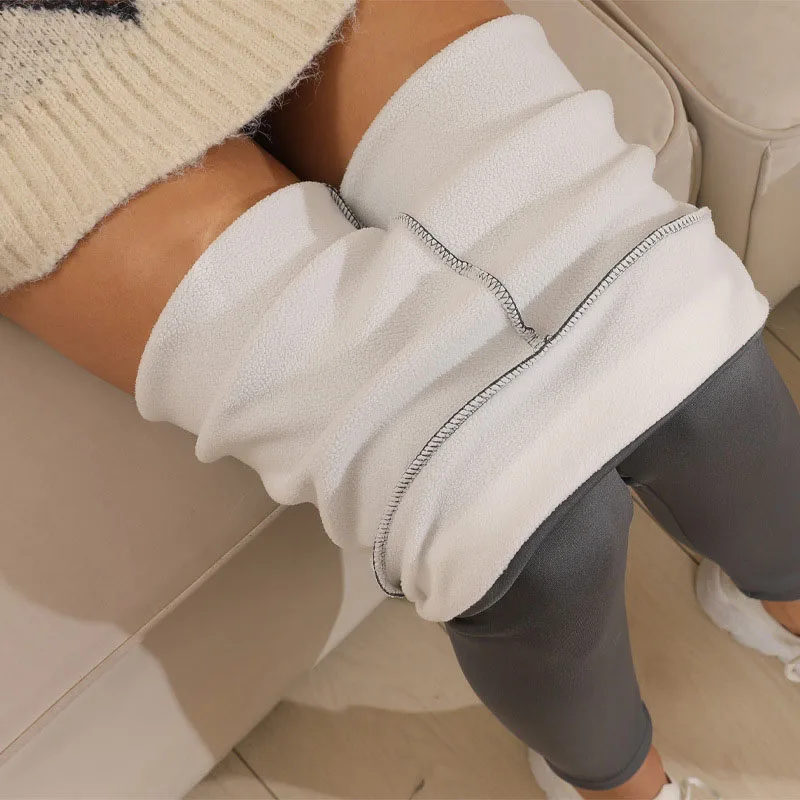 Frauen Lamm Fleece Leggings Nahtlose Hohe Taille Thermische Winter Warme Strumpfhosen Solide Stretchy Casual Hosen Weibliche Streetwear Jogger – Detail 2
