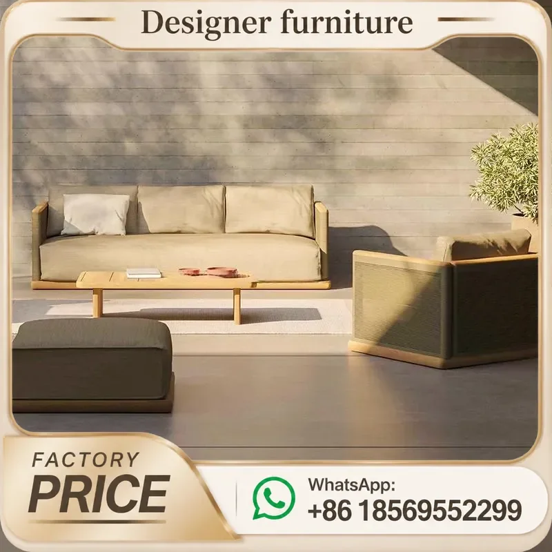 Outdoor Rope Weaving Sofa Set Waterproof Teak Wood Patio Garden Furniture All Weather Sunscreen Villa Courtyard Coffee Table