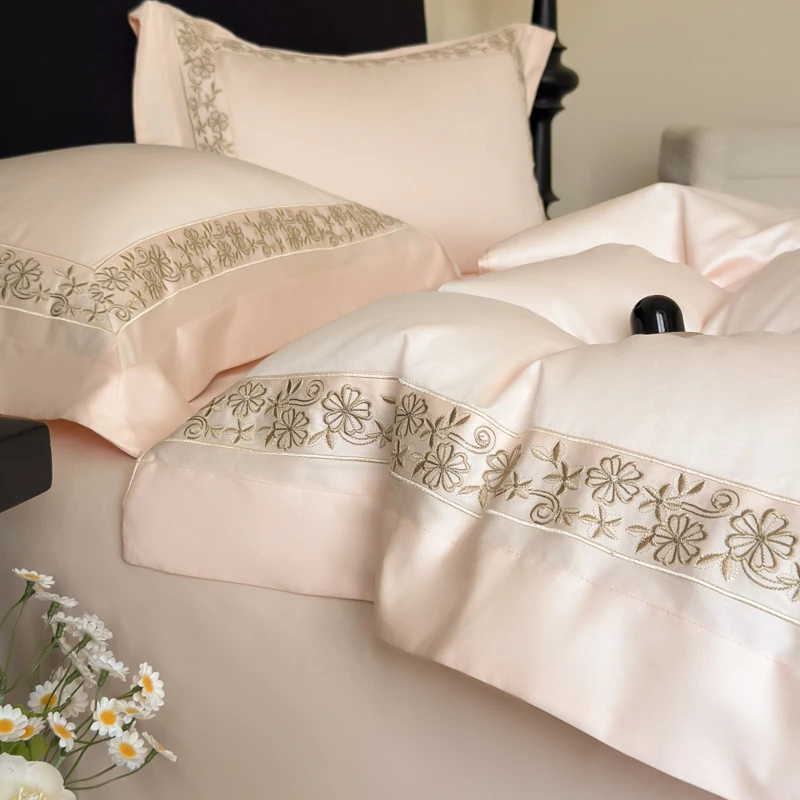 60S Long Staple Cotton Luxury Floral Embroidery Wide border Bedding Set Duvet Cover Bed Sheet/Fitted Sheet Pillowcases 4Pcs