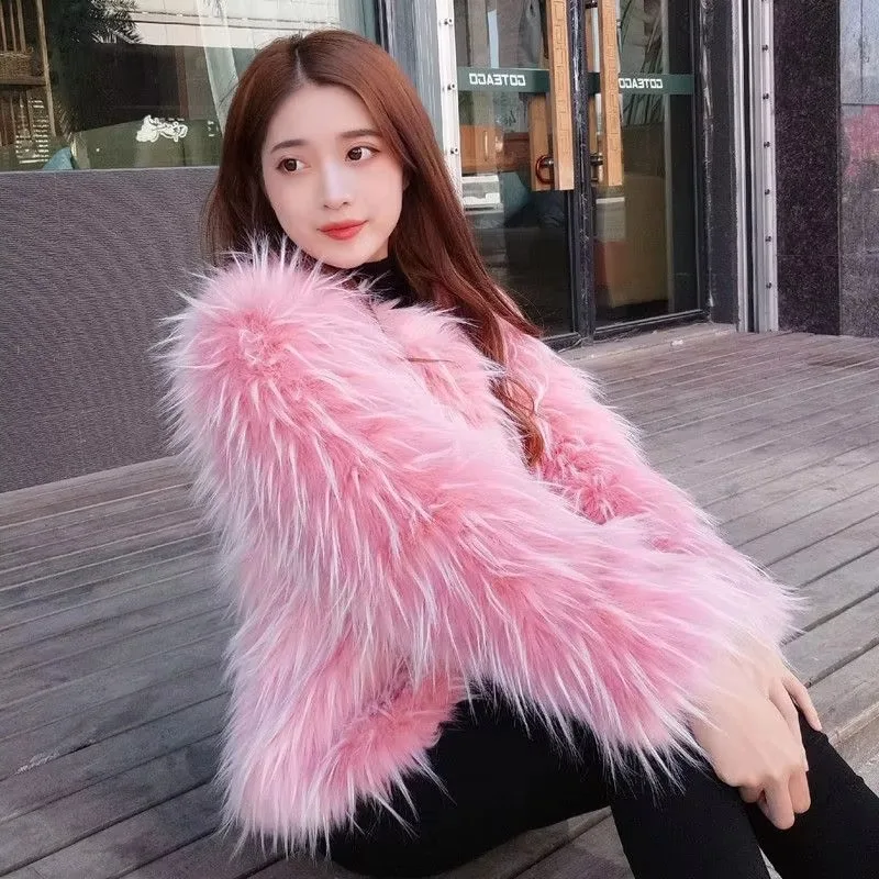 Faux Fox Fur Coat 2025 Autumn Winter New Women Imitation Raccoon Fur Large Size Warm Short Outwear Female Fashion Casual Outcoat