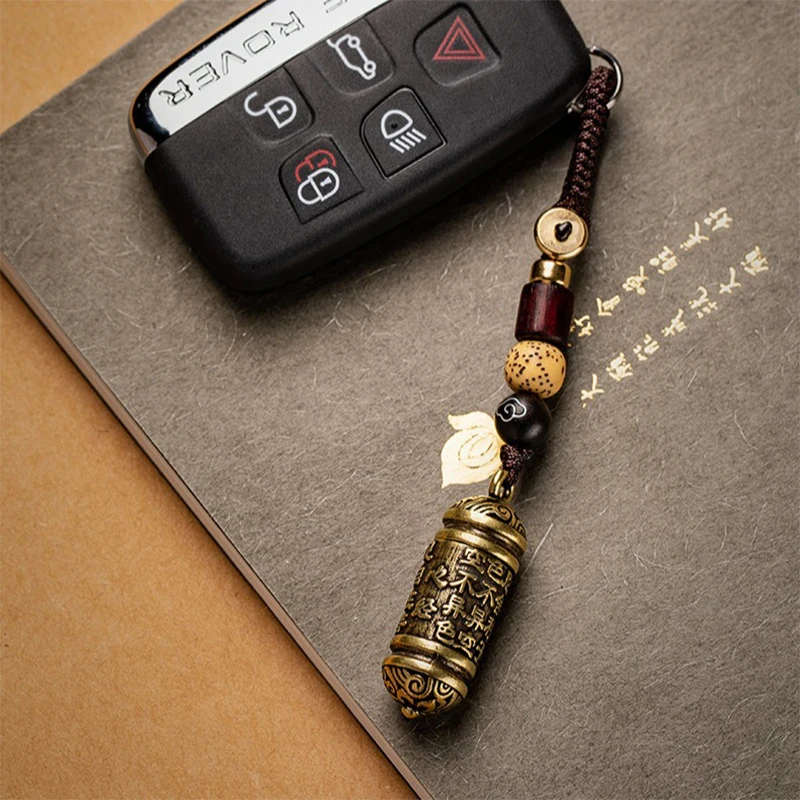 جوفاء النحاس بوذا زجاجة سوترا اسطوانة قلادة سيارة المفاتيح محظوظ الشنق حقيبة جلدية الحبل حلقة رئيسية