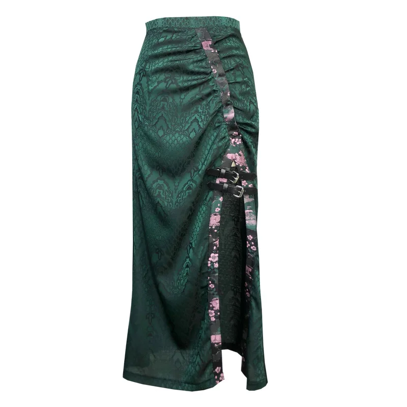 Blood Supply Original Design Sexy Snake Pattern Dark Green Skirt Sheath Straight Long High Slit Bow Tie Skirts Gothic Punk Skirt