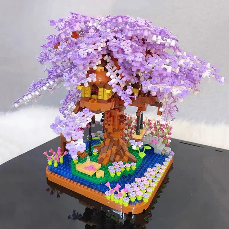 ZRK7855 Architektur Sakura Blume Baum Haus Block Garten Schaukel Fluss 3D Diamant Blöcke Ziegel Gebäude Spielzeug Keine Box