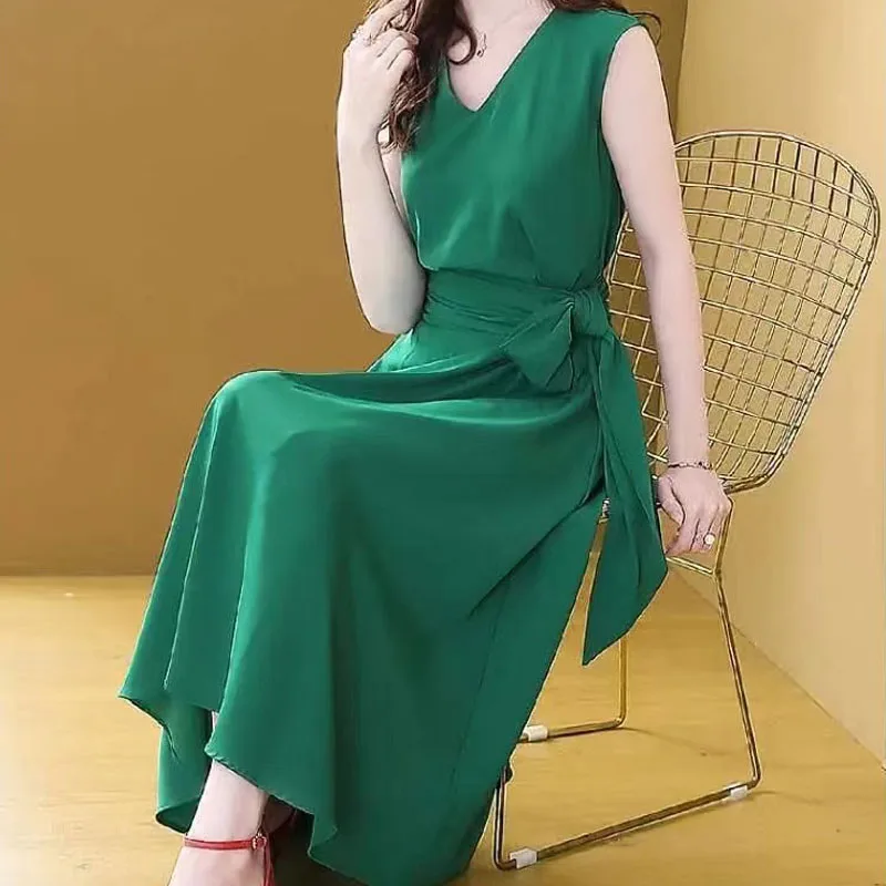 Woman Clothes Green Imitation Silk Dress Summer New French V-neck Sleeveless Bandage Waist Elegant Dress Goddess Fan Maxi Dress