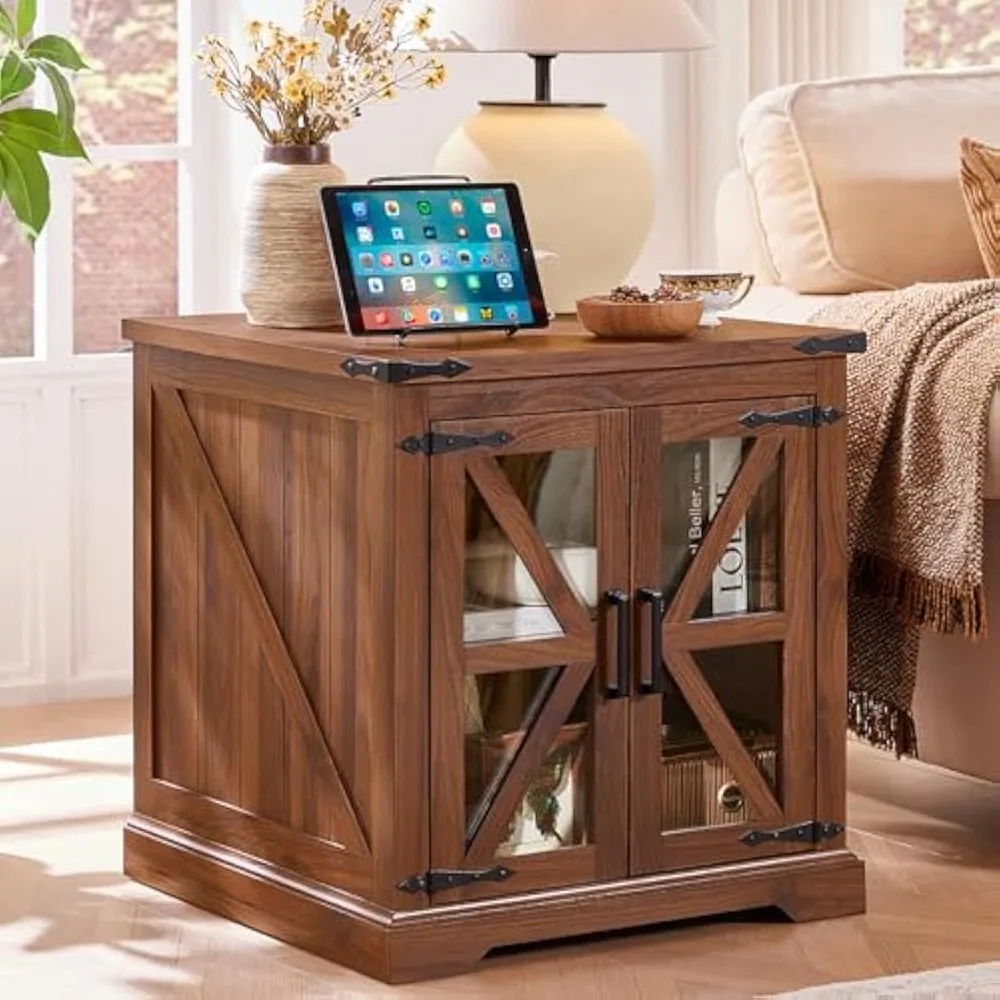 24 End Table with Charging Station, Farmhouse Night Stand with Glass Barn Door, Brown Nightstands with Adjustable Storage Shelf,