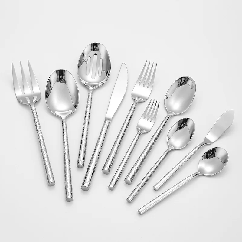 

LMM stainless steel hammer pattern round handle western food knife, fork and spoon set hotel thickened steak knife