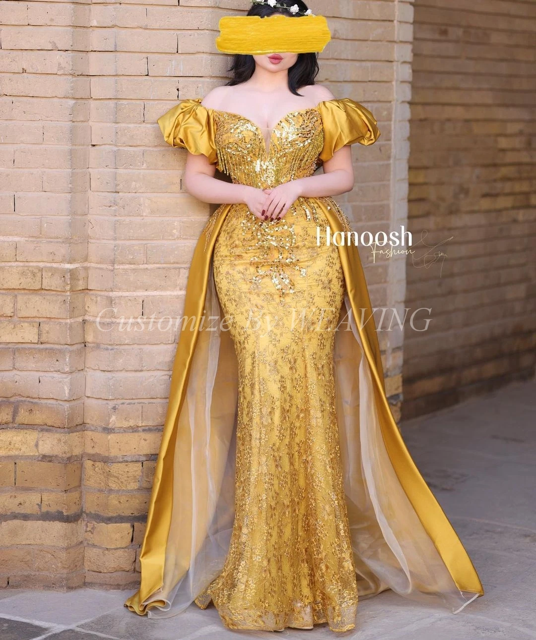 Customized Gold Lace Puff Sleeves Prom Dresses Off The Shoulder Sequins Floor Length Saudi Arabic Women Evening Party Dress