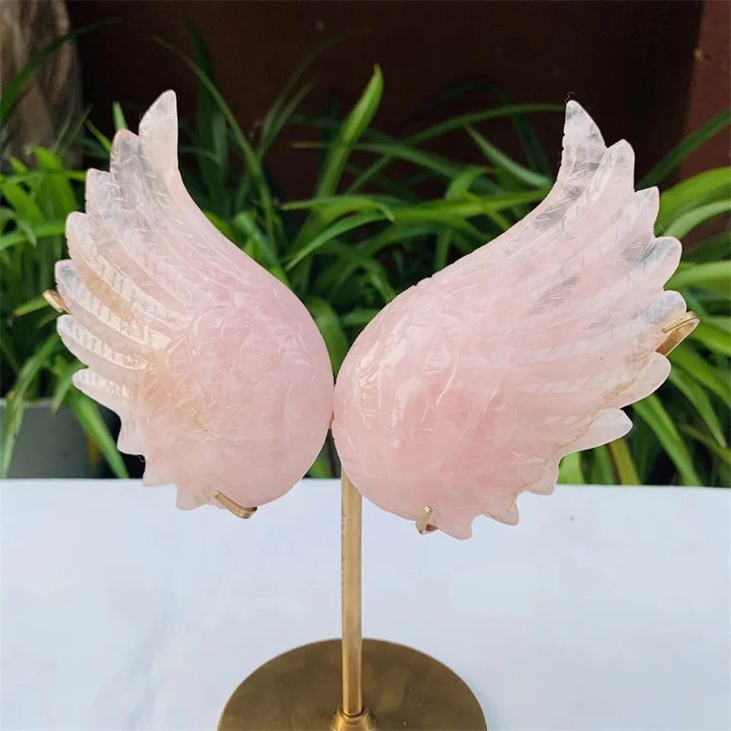 

Natural crystal craving folk crafts rose quartz angel wings for ornaments decoration