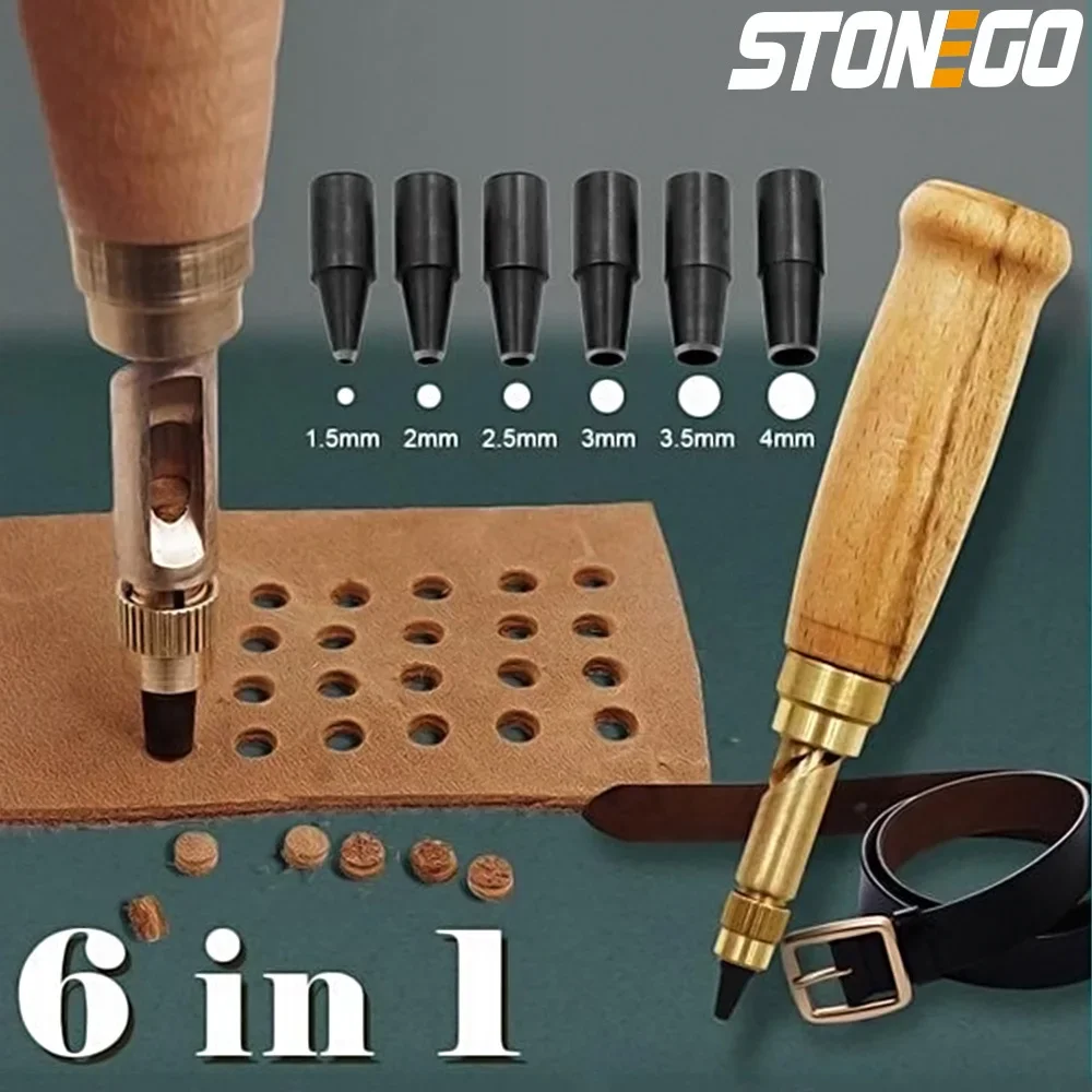 

STONEGO Automatic Hole Punch Screw Removable Book Drill with 6 Size Tips 1.5-4mm for Leather, Belts