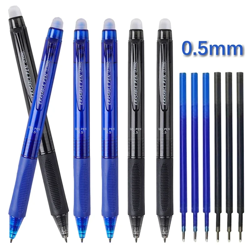 0.5mm High-Capacity Erasable Gel Pen Set Translucent Rod Blue Black Magic Ink Washable School Office Stationery Supplies