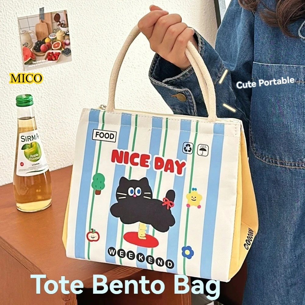 

Cute Kitten Insulated Lunch Bag Portable Thermal Storage Bag Aluminum Foil Lined Large Capacity Handheld Lunch Tote for Students