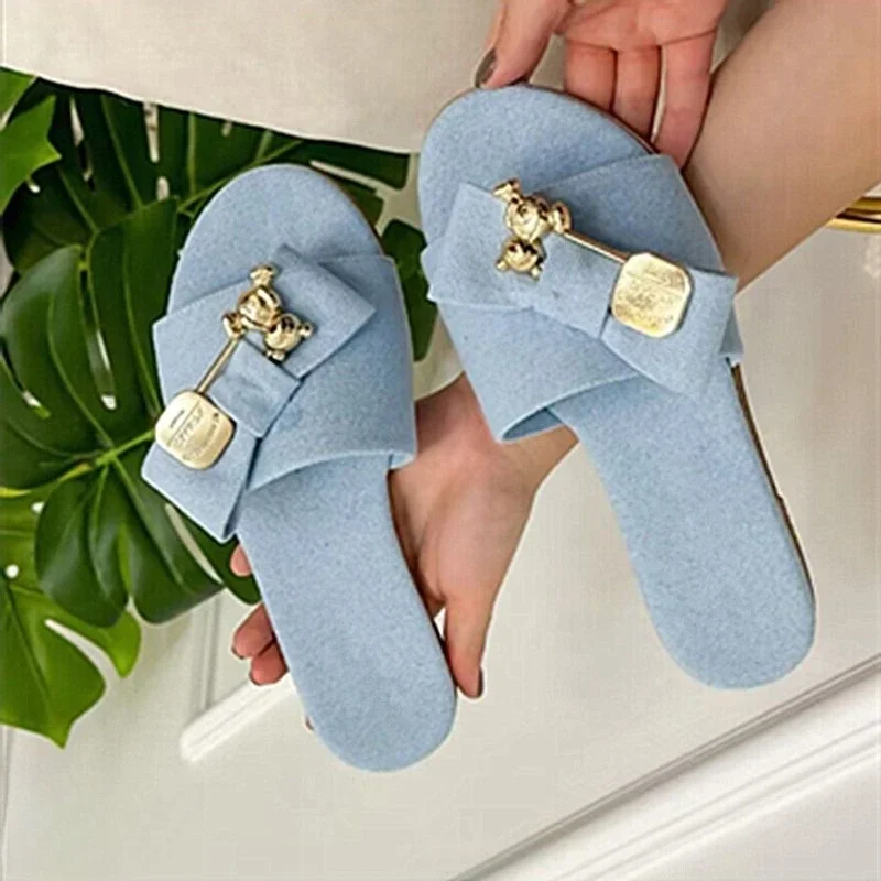 Large Size Flat Denim Sandals Summer New Bear Metal Buckle Bow Anti-slip Wear-resistant Lightweight Flip-flops