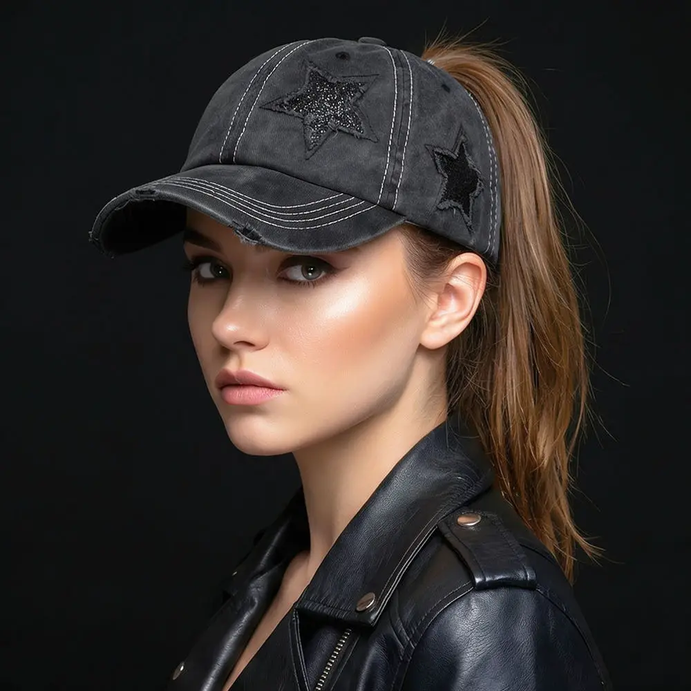 Distressed Cotton Ponytail Baseball Cap Sequined Star Vintage Adjustable Outdoor Sport Sun Protection Hat view 5