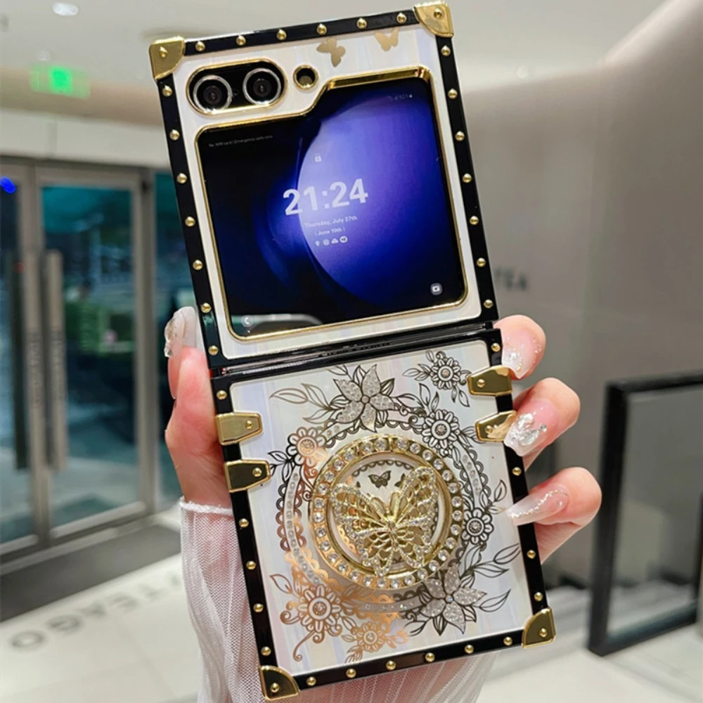 Z Flip 8 7 Luxury Bling Glitter Aurora Butterfly Stand Phone Case For Samsung Galaxy Z Flip 6 5 4 3 Flip6 Flip5 Holder Cover