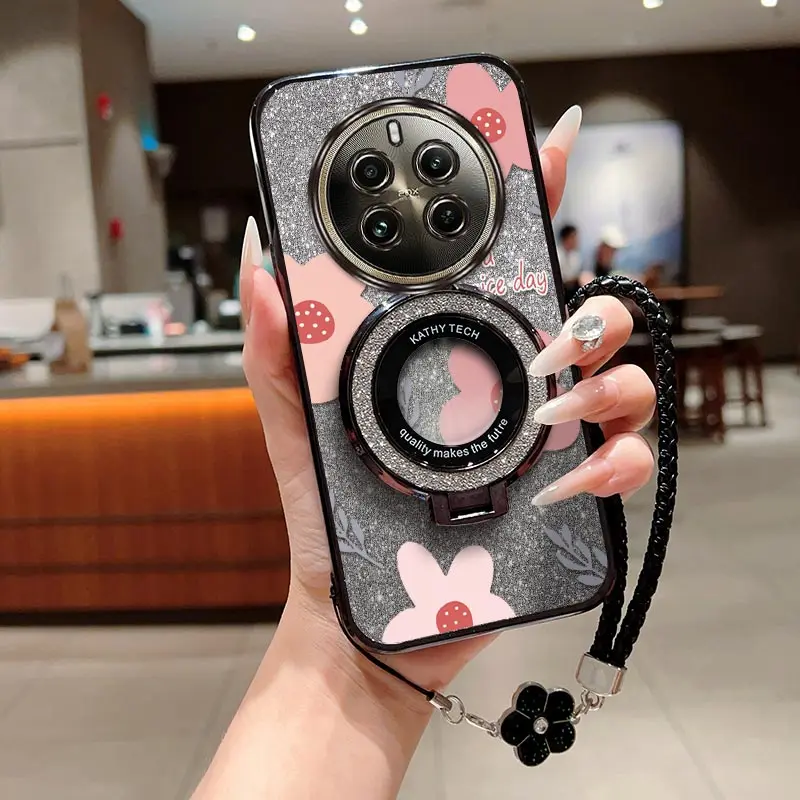 12Pro Pink flowers Plating Bracelet Holder Phone Case For Realme 13Pro 11 8Pro 12 9 10 12Pro 7 V25 11Pro V13 8 9Pro V11 Cover