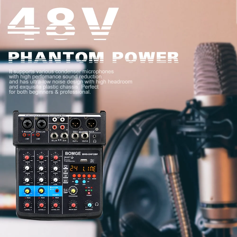 BOMGE 4 Channel sound console Audio Mixer with 24DSP Bluetooth 48V Phantom Power EQ and USB Audio Interface for DJ karaoke