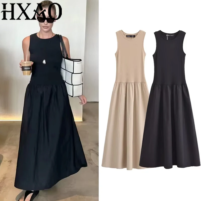 HXAO Damskie Czarne Długie Sukienki Wiosna 2025 Bez Rękawów Eleganckie Sukienki Modne Codzienne Vintage Imprezowe Sukienki Khaki Vestidos