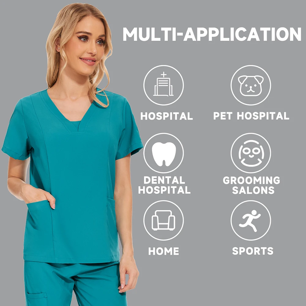 Mulheres Tecido Stretch Medical Scrubs Set, Médico Uniformes, Enfermeira Acessórios, Uniforme de Enfermagem, Roupas de Beleza, Pet Grooming Workwear