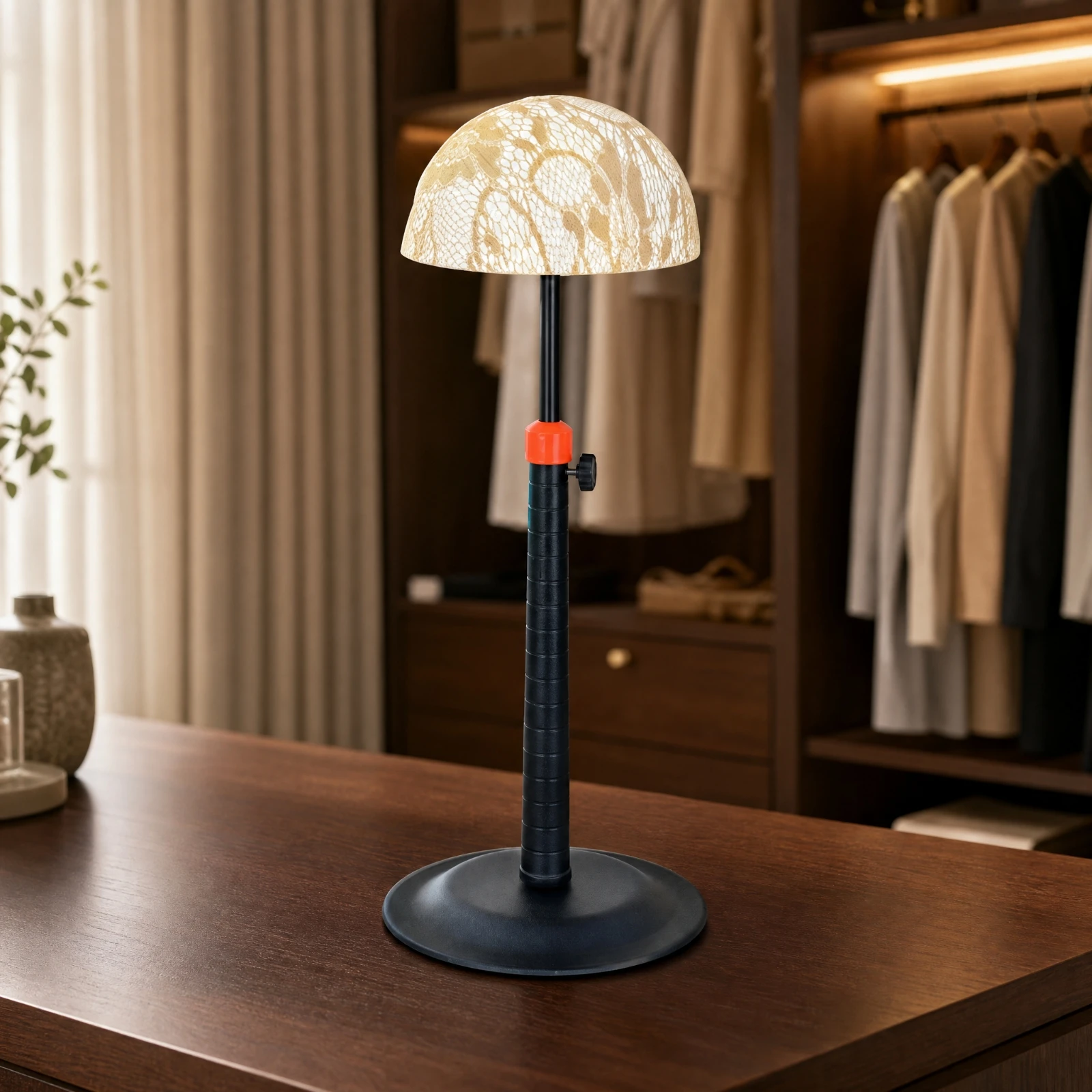 Height-Adjustable Hairpiece and Hat Stand Stable Hairpiece and Hat Stand with Domed Head Form Space-Saving Compact