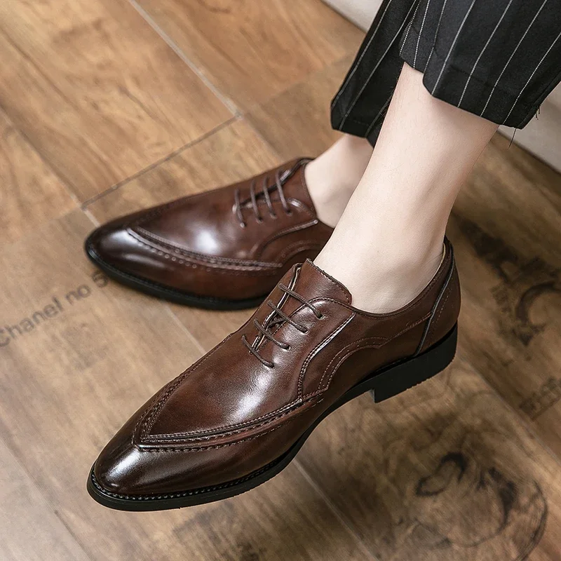 European Station Men Fashion Derby Shoes Pointed Classic Lace up Business Dress Leather Shoes Black Brown Size38-45 Men Shoes