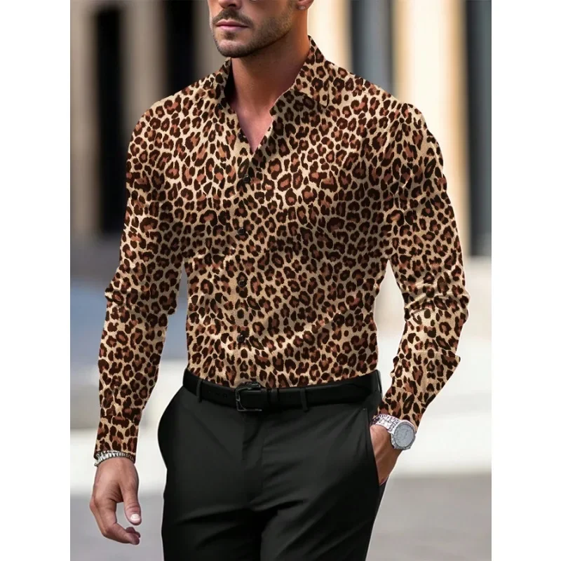 Camisa de manga larga con estampado de leopardo amarillo y blanco para hombre, prendas de vestir exteriores de un solo pecho, Top transpirable informal