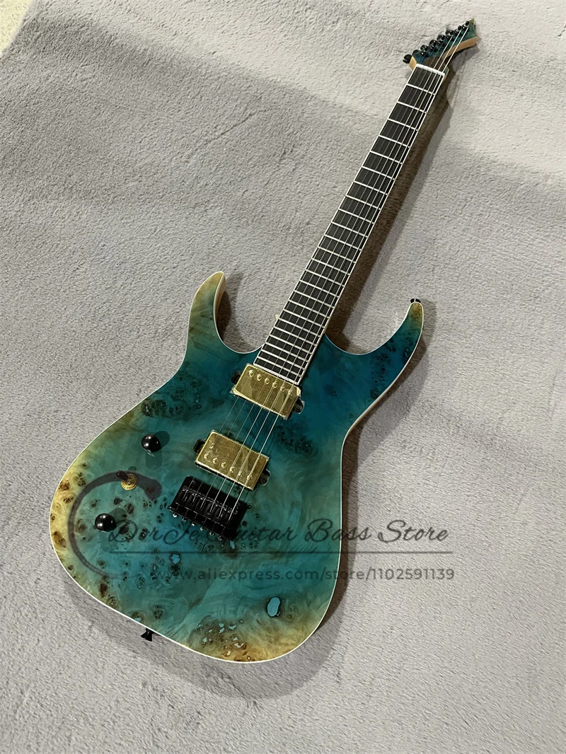 Left Hand Electric Guitar ASH Wood Body Burl Maple Top White Binding Rosewood Fingerboard Gold Pickups Black Tuners