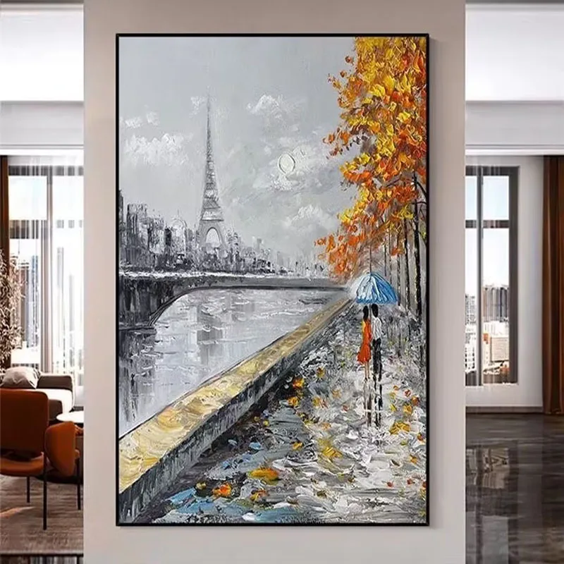 Modern Abstract Luxury Nordic Oil Painting, Paris Street Rain, Living Room Corridor Sofa Background Decoration, 2024 New Style