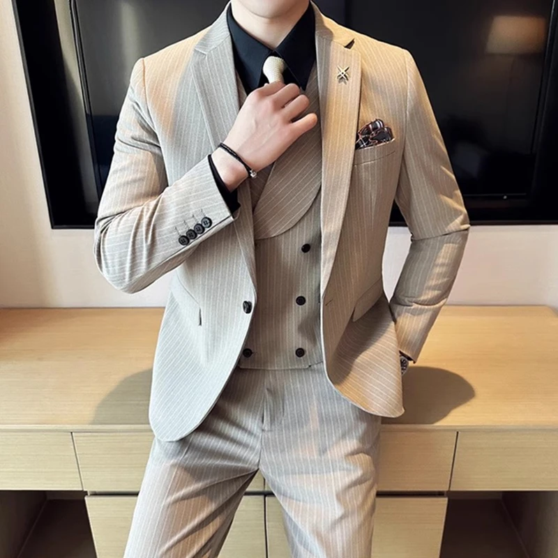 

2024 Fashion New Men Casual Boutique Business Striped Slim Fit Wedding Dress Suit Coat Set Male 3 Pcs Blazers Jacket Pants Vest