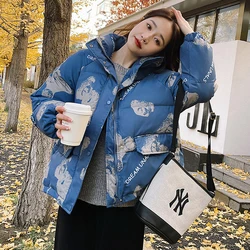 2023 Winter New Fashion Letter Cartoon Pattern Down Cotton Coat Women's Short Korean Hooded Thickened Bread Coat Trendy Jacket