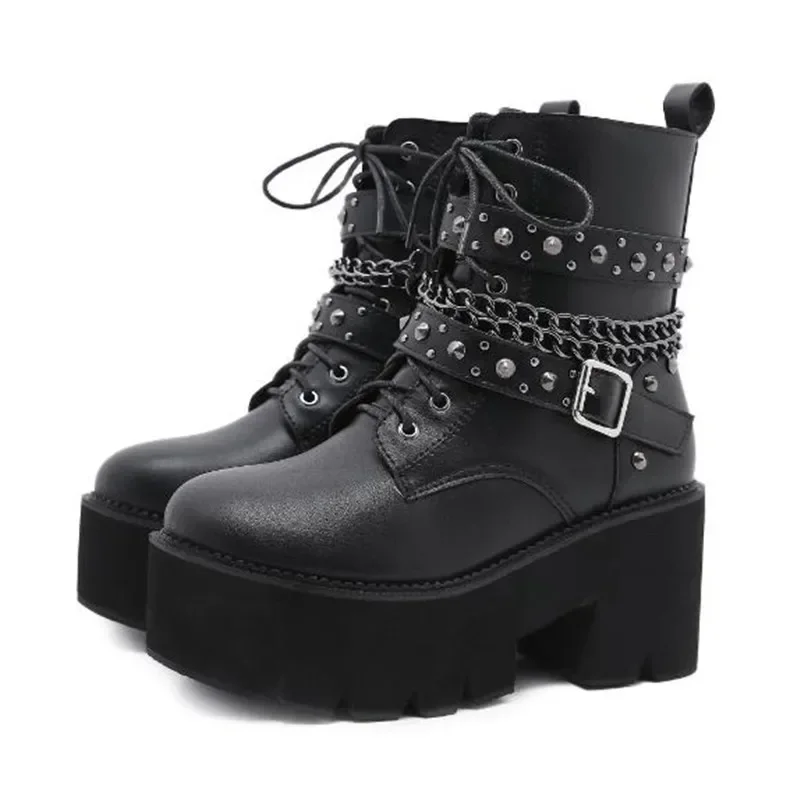 

Winter Autumn Sexy Punk Goth Womens Platform Boots Black Buckle Strap Zipper Creeper Wedges Shoes Platform Stud Boot Botas Mujer