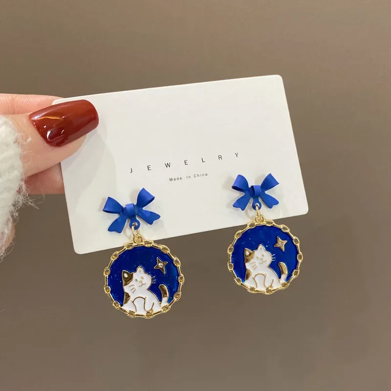 Japanese Aesthetic Bow Round Kitten Earrings Fashion Cute Cartoon Blue Planet Star Cat Earrings for Women Party Gift Jewelry