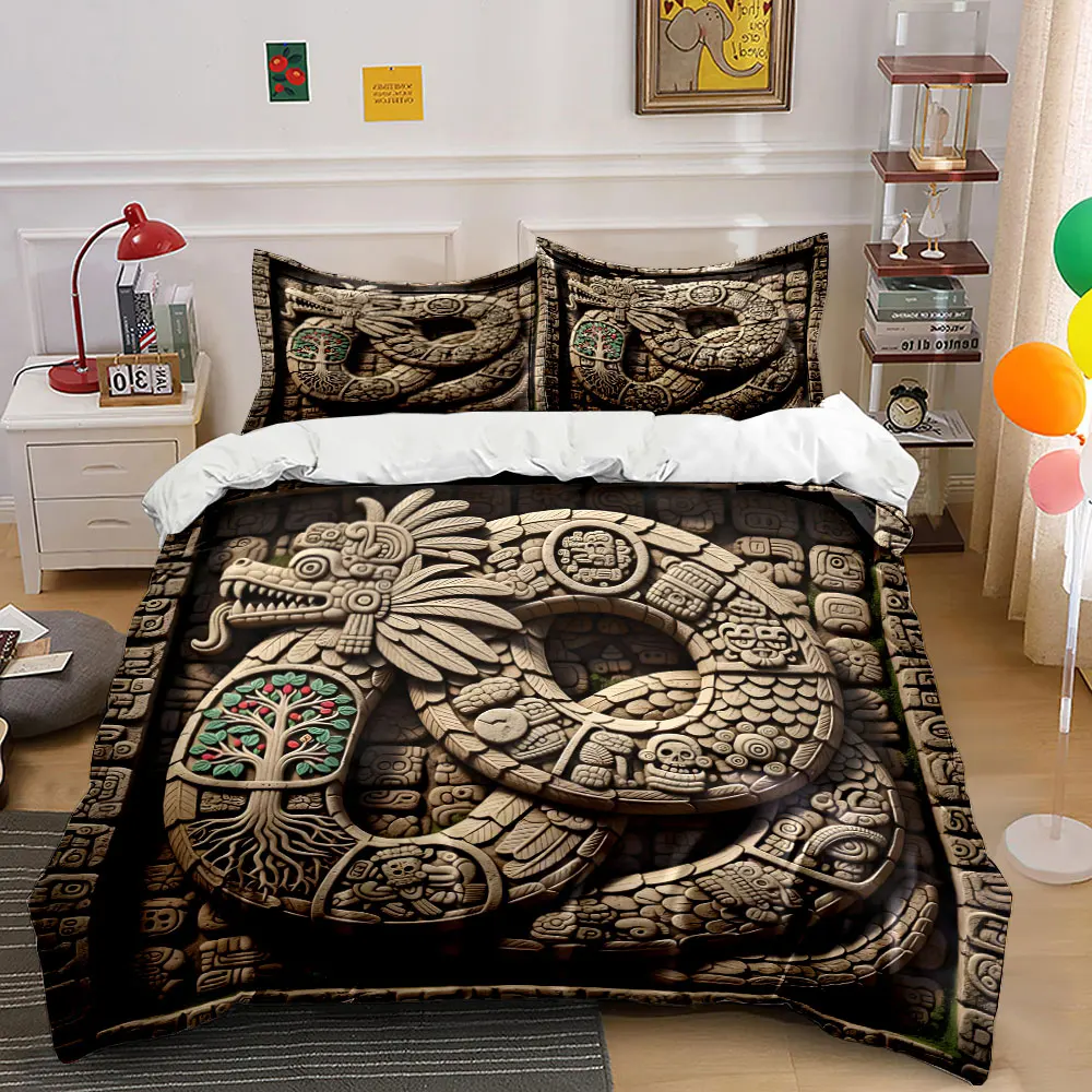 Mayan Feathered Serpent Stone Carving Bedding Set for Kids Luxury Gift 3pcs Digital Print Comforter Set Soft Comfortable