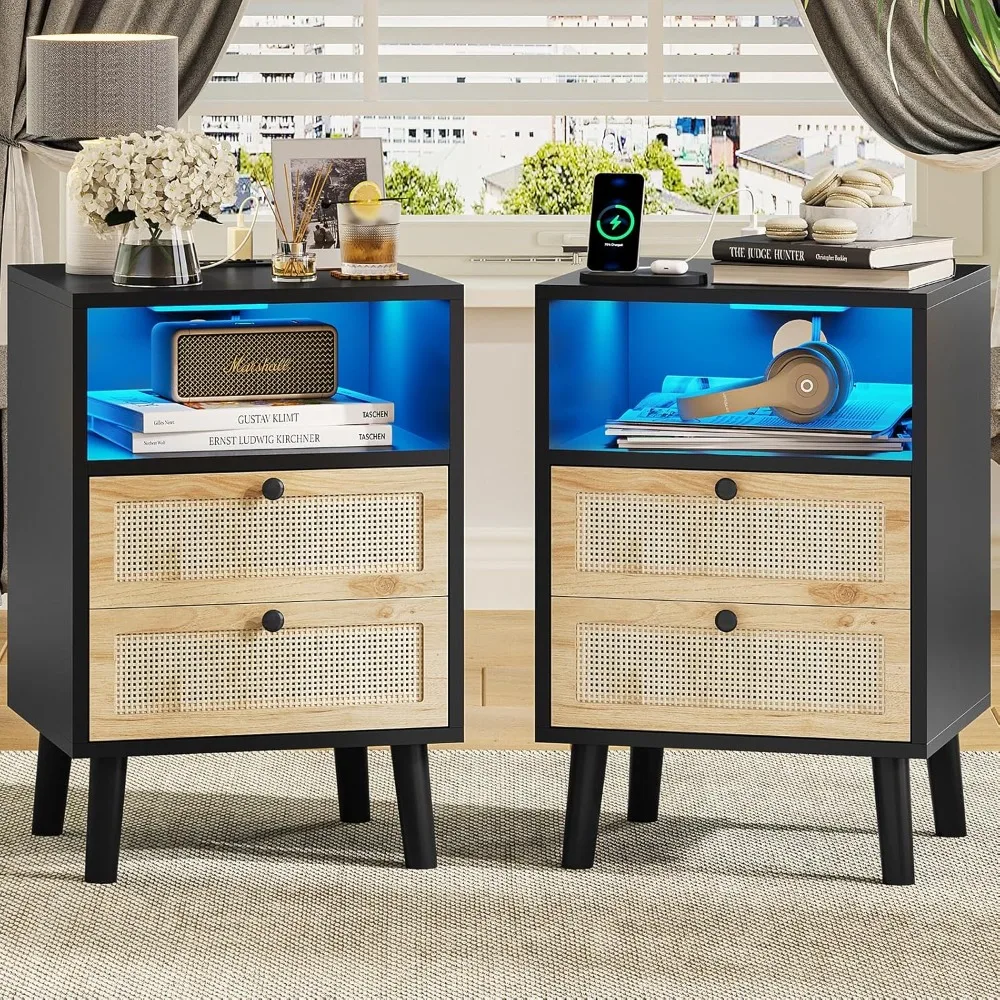 

Rattan Nightstands Set of with LED Lights Night Stand with Charging Station and Storage Drawers Bedside Tables