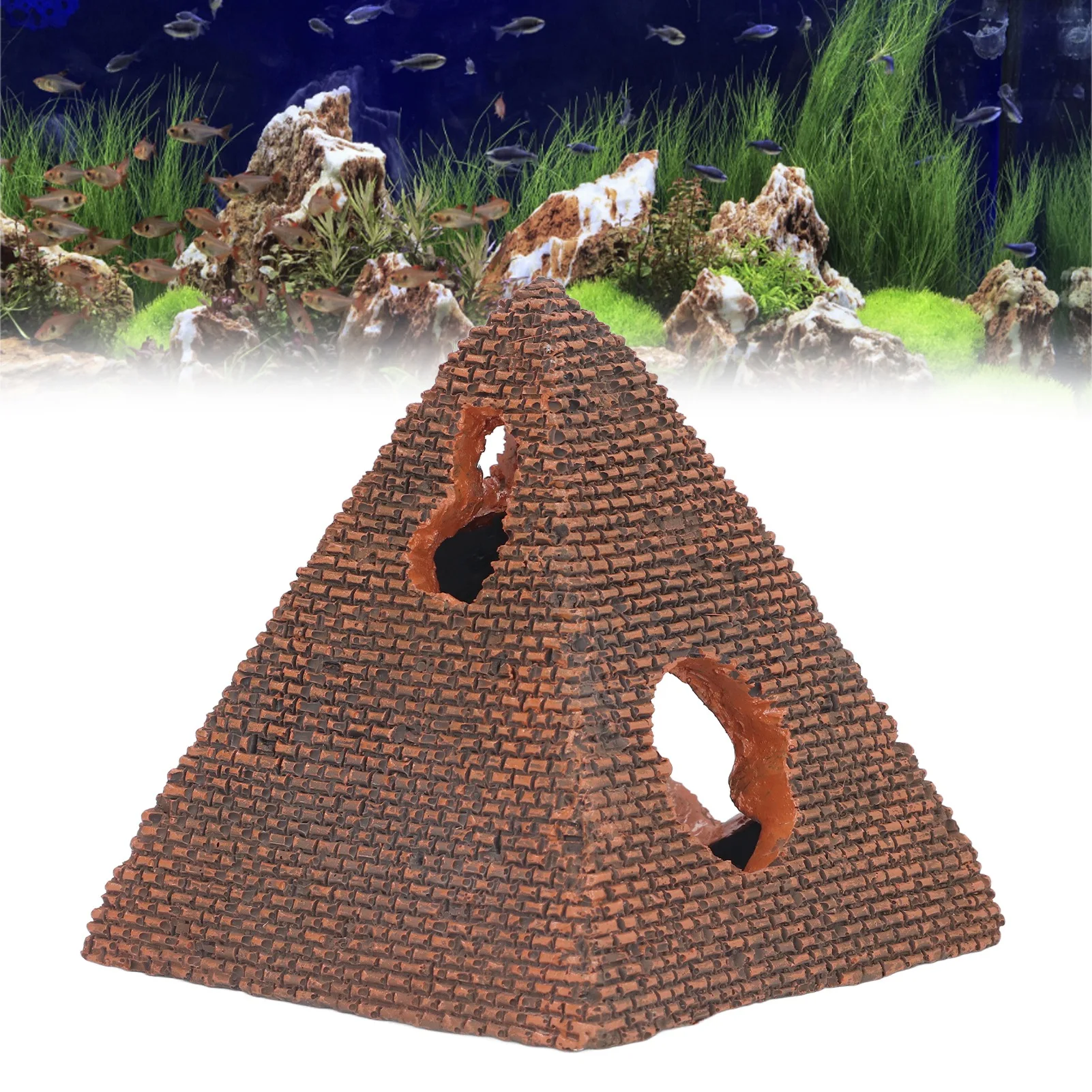 Resin Craft Aquarium Ornament Brick Red Ancient Ruins Style Pyramid Castle Hollow Openings Textured Surface Hiding Cave