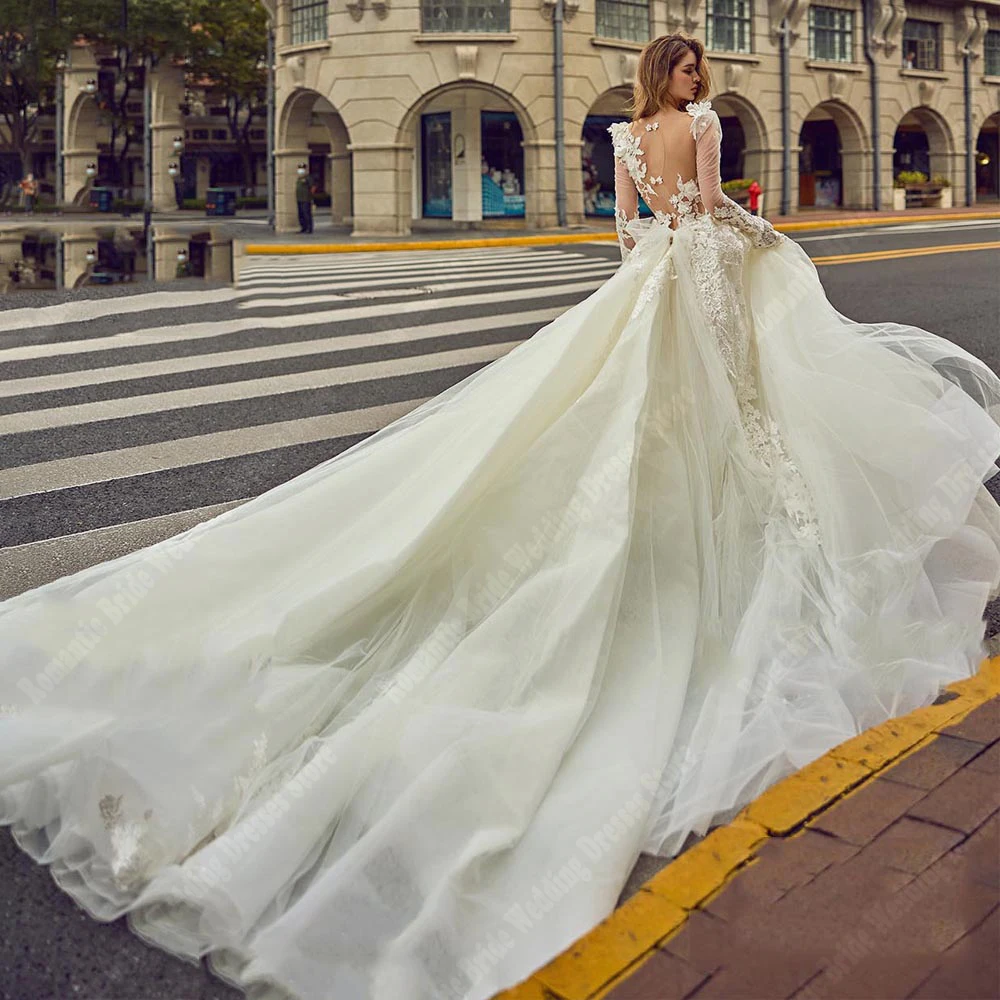 Gaun pernikahan permukaan Tulle terang halus gaun pengantin lengan panjang applique renda jubah pengantin baru set jubah seksi A-Line Vestidos De Novias