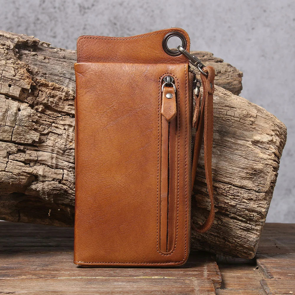 S.WORKER Echtes Vollnarbiges Rindsleder Langes Portemonnaie für Herren, Clutch mit mehreren Kartenfächern, Casual-Geldbörse mit Handgelenkschlaufe – Detail 6