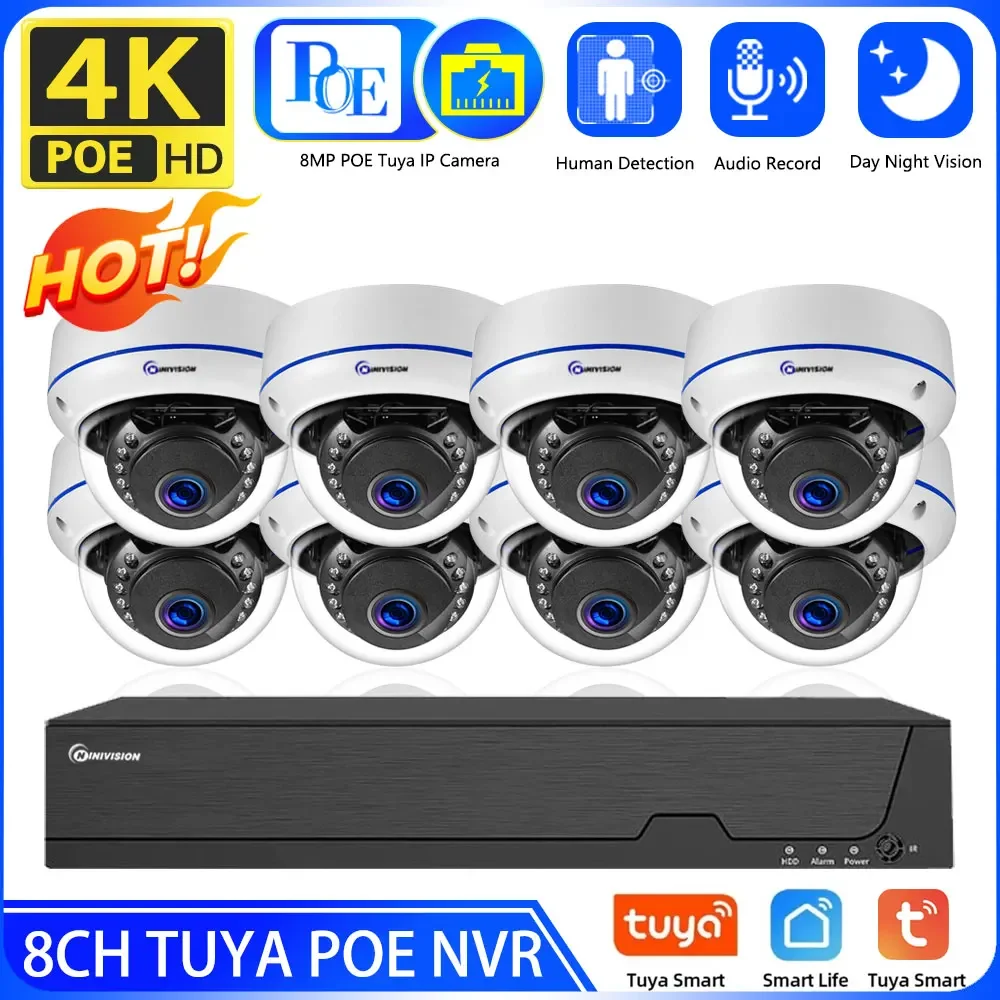 Tuya 8MP 4K Security Camera System 8CH Outdoor Waterproof POE NVR Motion Detection CCTV POE IP Dome Camera Surveillance Kit 4CH
