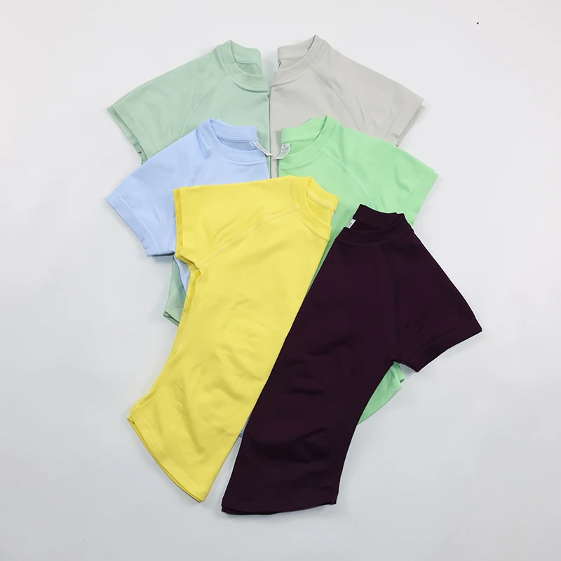 Seamless Crew Neck Short Sleeve Yoga Tops Women Gym Clothes Fitted High Stretch Fitness Workout Sports T-shirt