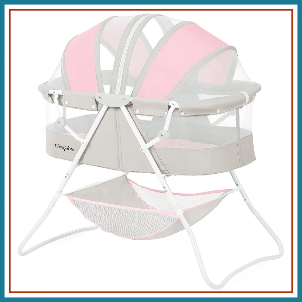 

Portable Bassinet with Canopy, Removable Mattress, Easy Assembly, Grey and Pink