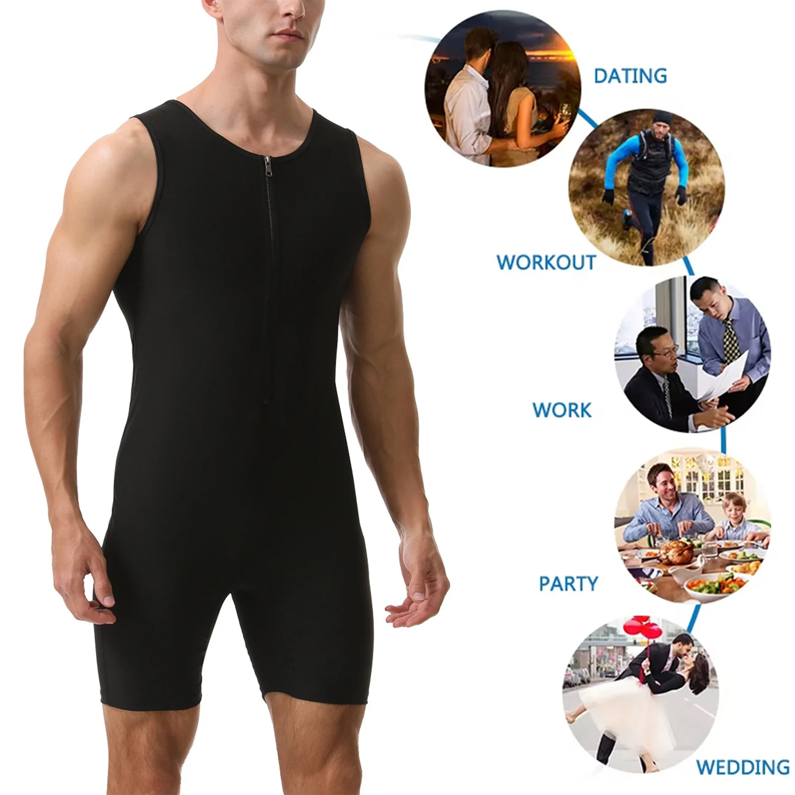 Men One Piece Sauna Jumpsuit Sleeveless Zipper Front Thigh Length Bodysuit for Workout Gymnastic Cycling Jogging