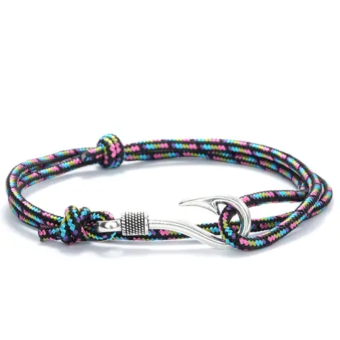 Neue Mode Seil Armband Männer Silber Farbe Angelhaken Armband Bilayer Schiebe Einstellbare Nautische Wrap Cord Armband Pulseria Homme