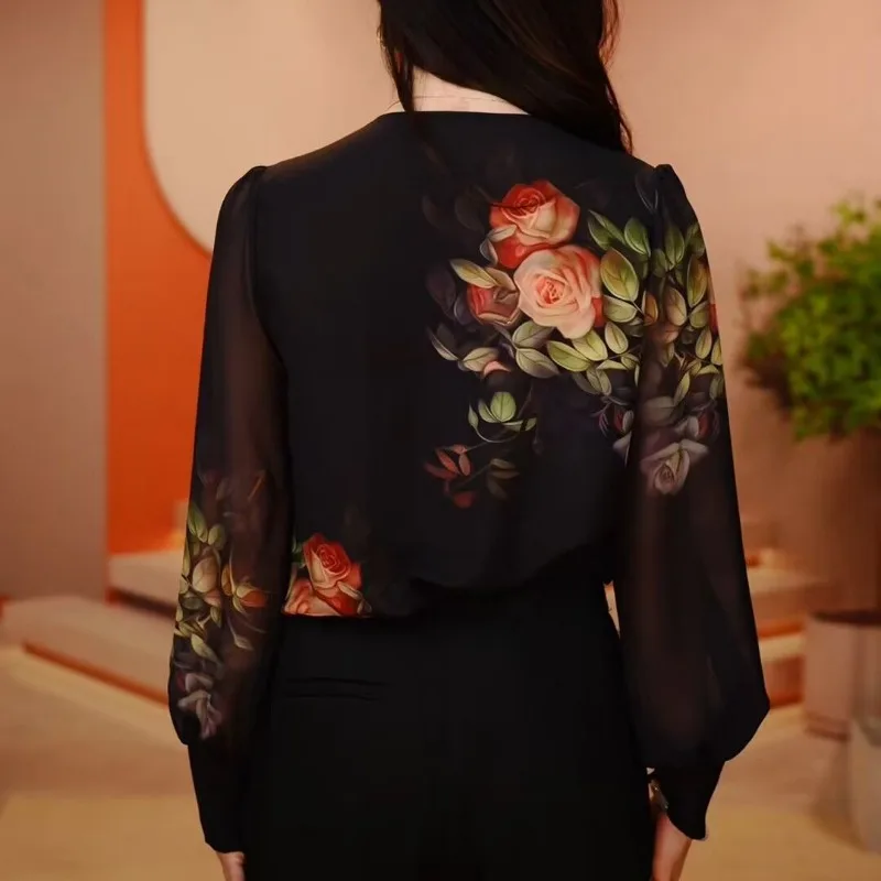 Spring Autumn Women Stylish Flower Print Chic Blouses Office Lady Elegant Commute Chiffon Shirts V Neck Long Sleeve Loose Tops