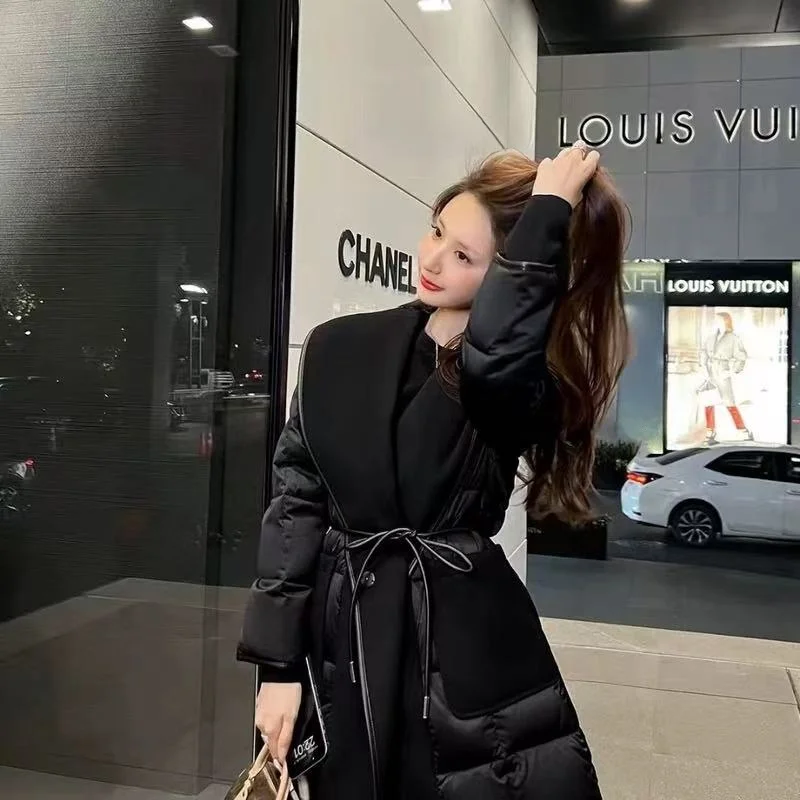 

MingRui European And Korean Style Double-Sided Cashmere down Jacket with Belt Women's White Goose down Padded Coat Black Medi...