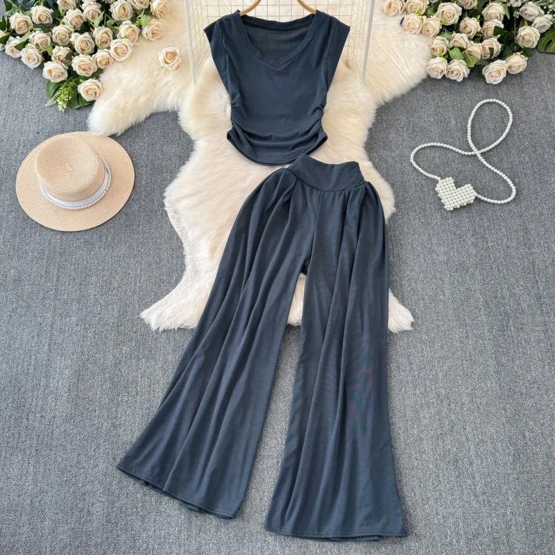 Summer Women Fashion New Solid Chic Pantsuit Vintage Casual Crop Tops Wide-Leg Pants Two Pieces Set Female Clothes New Outfits