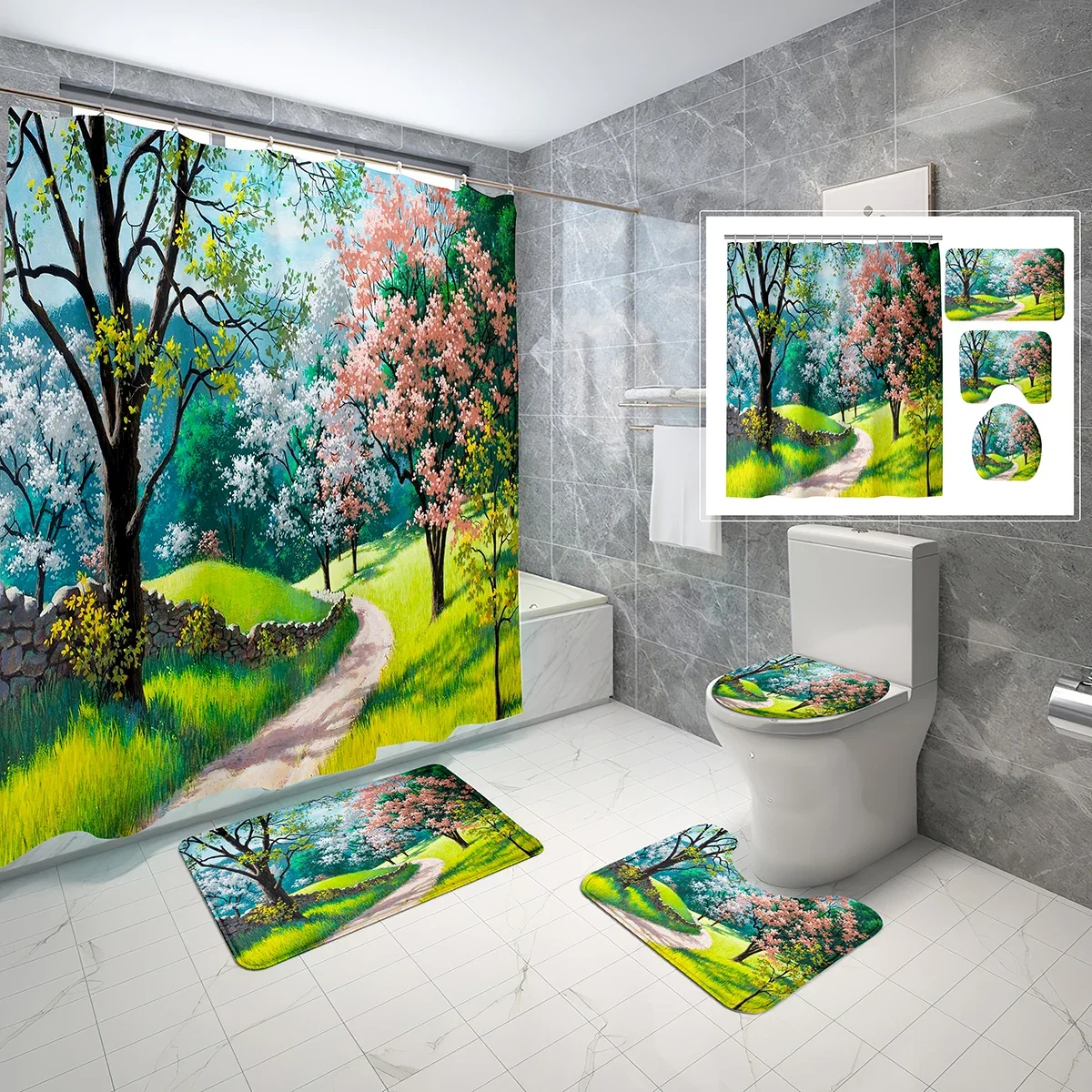 4 Pcs Garden Landscape Shower Curtain Set with Toilet Lid Cover,Non-Slip Bath Mat,Spring Colorful Flowers Shower Curtain Set