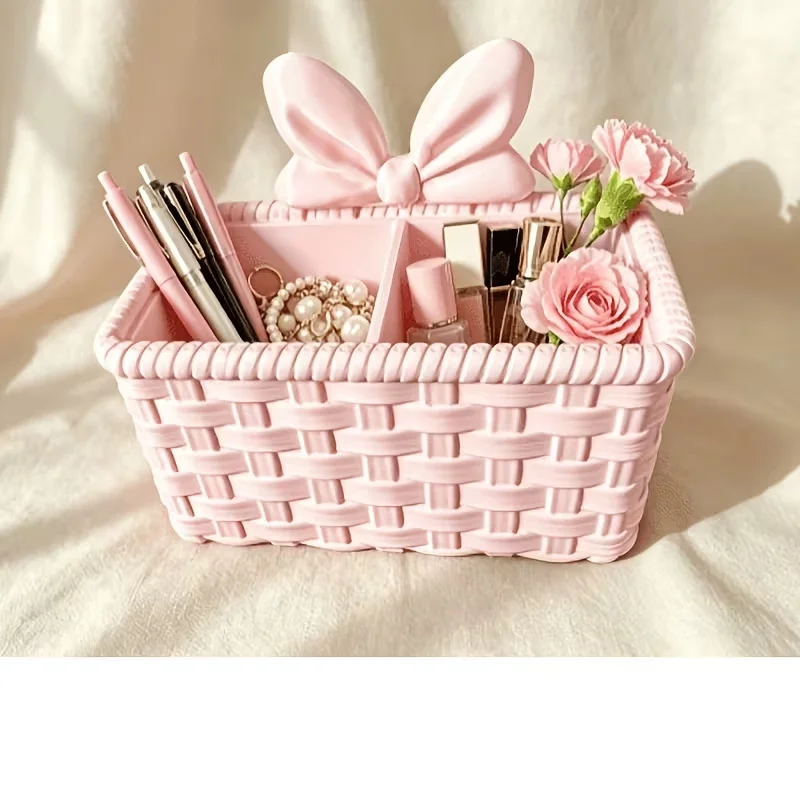 Bowknot Desktop Organizer Basket - Compartment Storage Box for Vanity Makeup Office Stationery Pen Holder