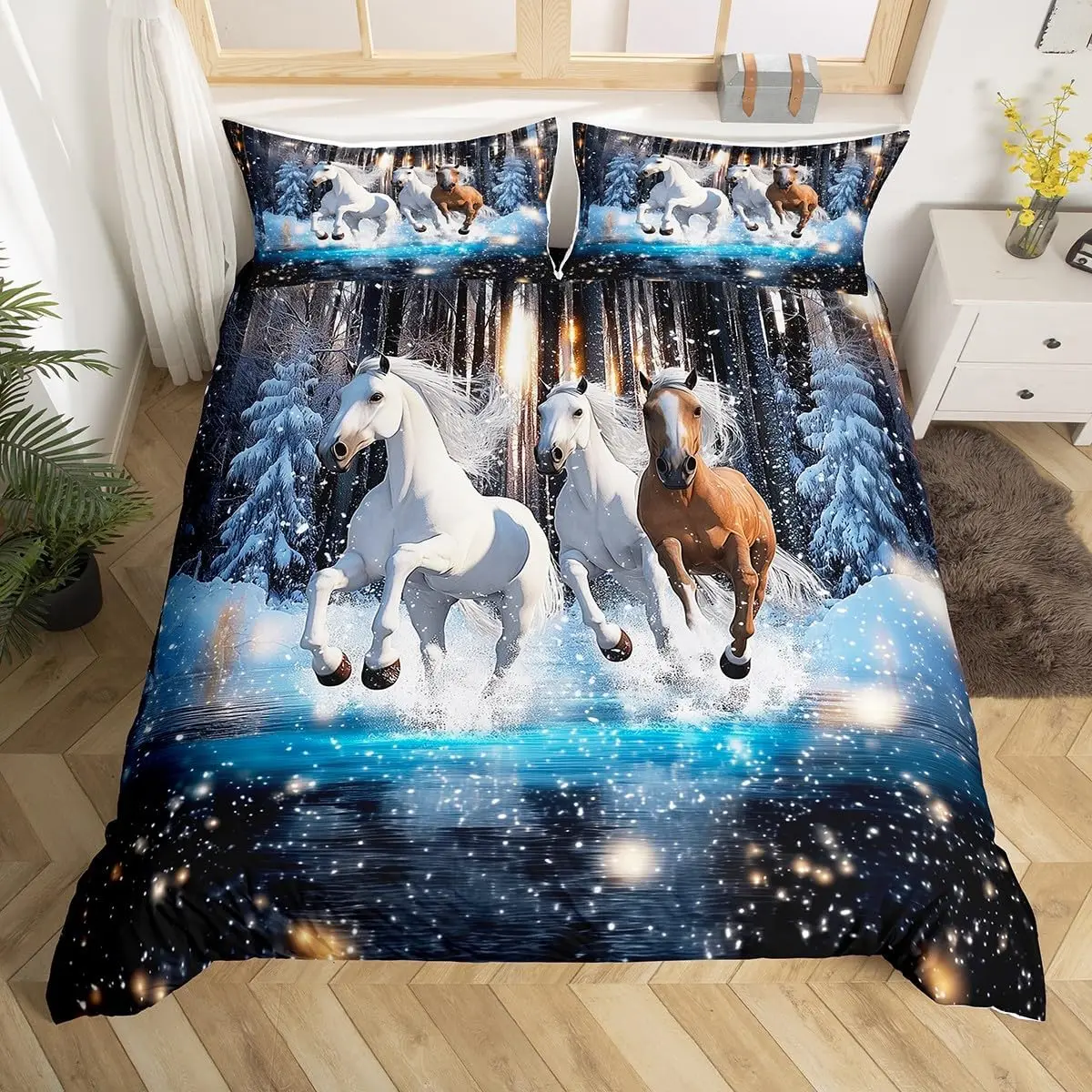 Horse Duvet Cover Twin Queen Size, Galloping Horse Bedding Set Wild Animal Comforter Cover For Girls Teens Kawaii Bedroom Decor