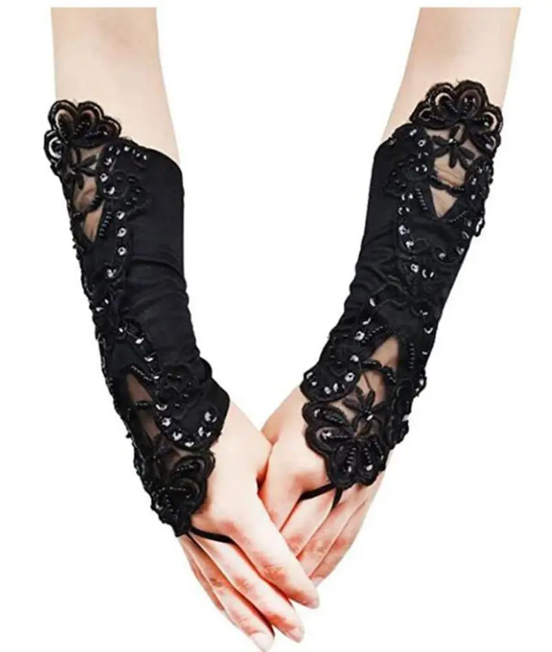 Fingerless Brocade Sewn Beaded Gloves Sparkles Lace Embroidered Wedding Party Gloves Multicolor